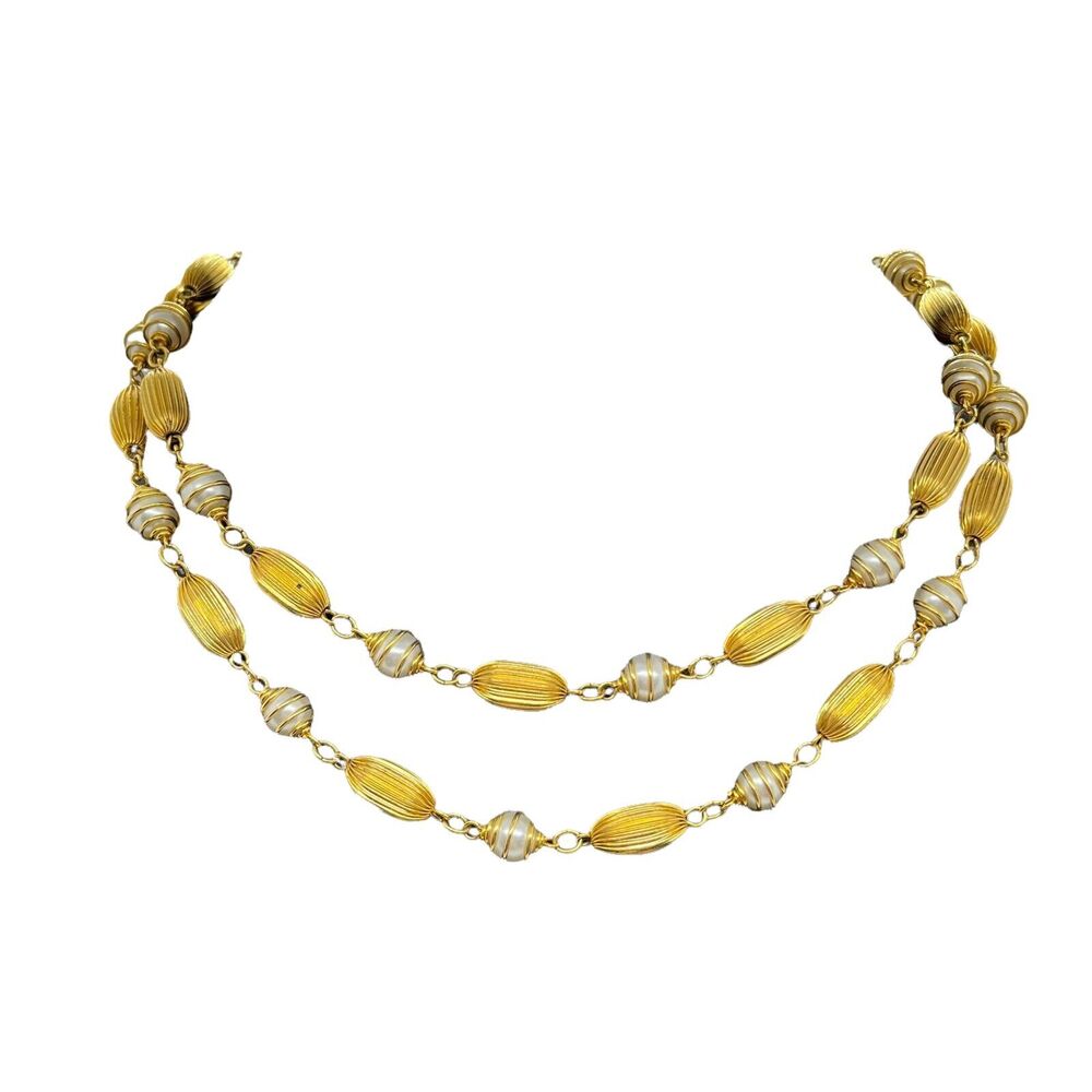 1950s Necklace Vintage Womens Gold Tone Faux Pearl Caged Accents Hook Clasp